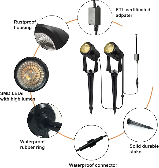SUNTHIN Outdoor Landscape Lighting, 10 Pack Outdoor Spot Lights with Transformer for Yard, Plant, Lawn, Tree, Flags, House, Garden, Fence Use, IP65 Waterproof & Connectable
