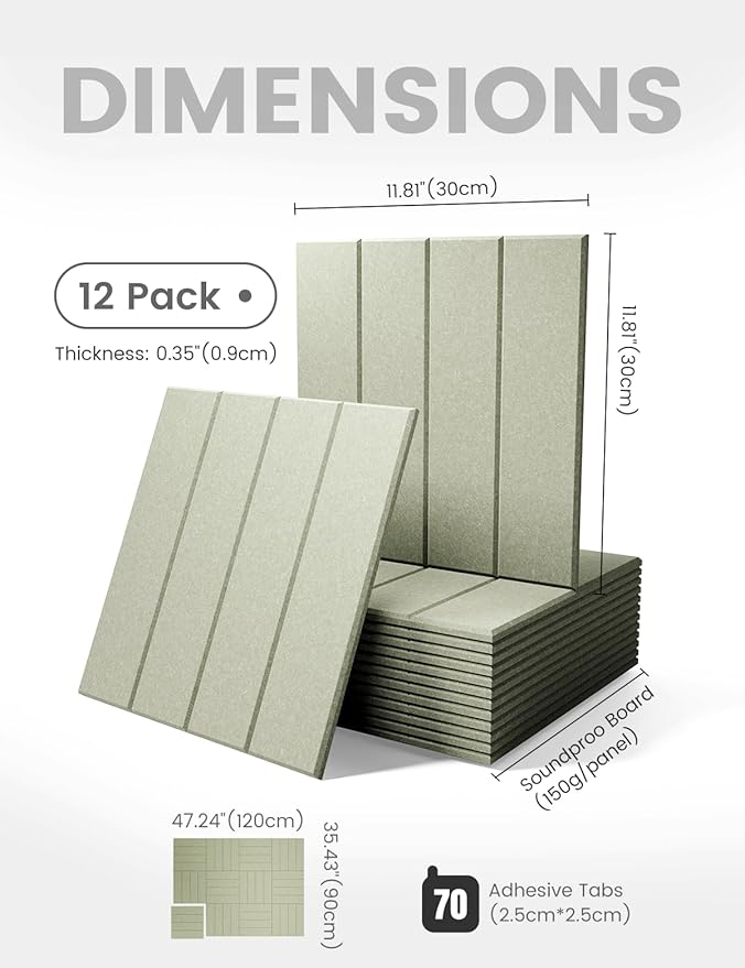 Felt Bulletin Board Tiles Large 48" x 36" Cork Board Alternative-12 Pack with 70 Adhesive Tabs, Thick Slat Wall Panels for Office Decor, Push Pin Board Wall Organizer Alternative -Sage