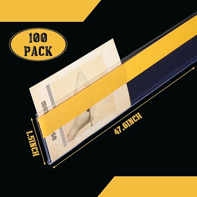 Fainne 100 Pcs Shelf Label Strips 1.5''H x 48 L Self Adhesive Shelf Label Holder Gondola Price Tag Stick on Plastic Clear Ticket Channel for Metal Wood Plastic Rack