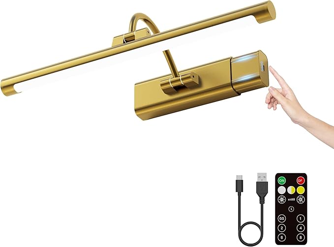 16" Light for Wall Picture with 6000mAh Battery - Brass Operated Wireless Wall Art Light with Remote Control for Artwork, Mirror & Portrait