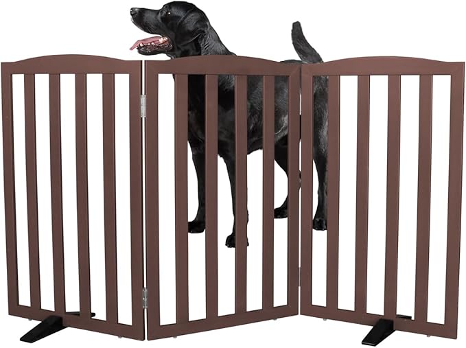 Freestanding Dog Gate Indoor,Doggie Gate Foldable Pet Gates for Doorways,Stairs or Hallways, Wooden Brown Pet Gate for The House, Pet Fence with Support Feet Included,32 "Height-3 Panels