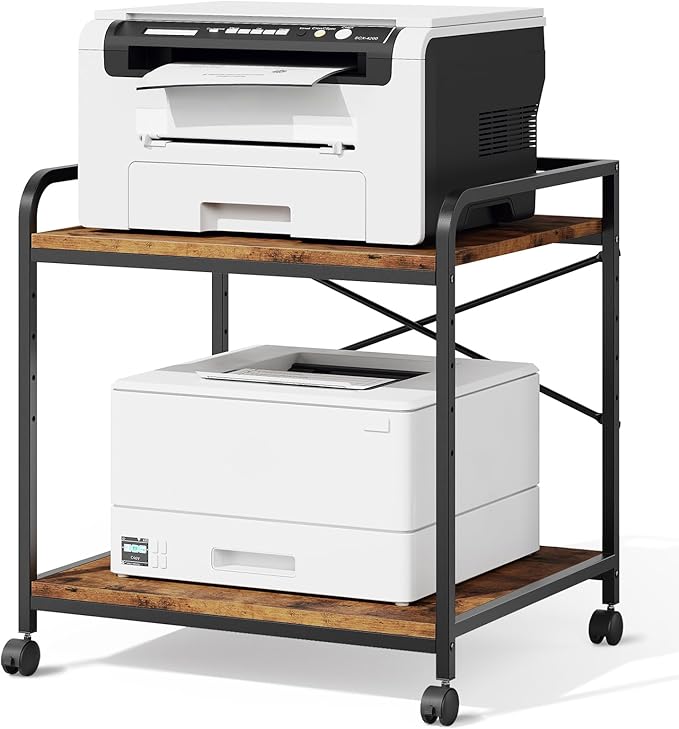 Warmiehomy 2 Tier Printer Stand with Storage, 22 Inches(55cm x 50cm) Under Desk Rolling Printer Cart with Height Adjustable Shelf, Large Printer Table for Home Office, Rustic Brown
