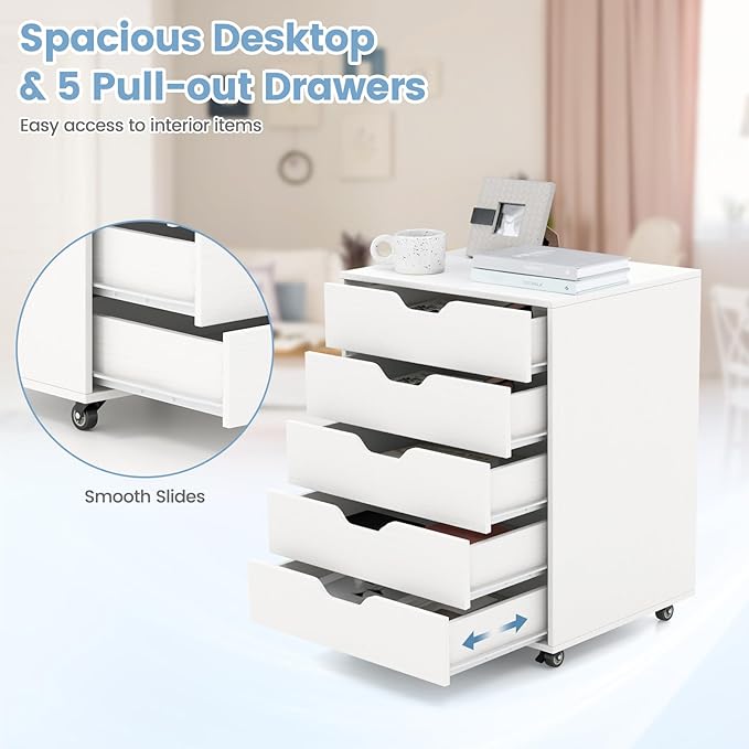 File Cabinet, Mobile Filing Cabinet w/Universal Wheels & 5 Drawers, Wood Printer Stand with Storage, Rolling File Cabinets for Home Office, Living Room, Bedroom (White, 5 Drawers)