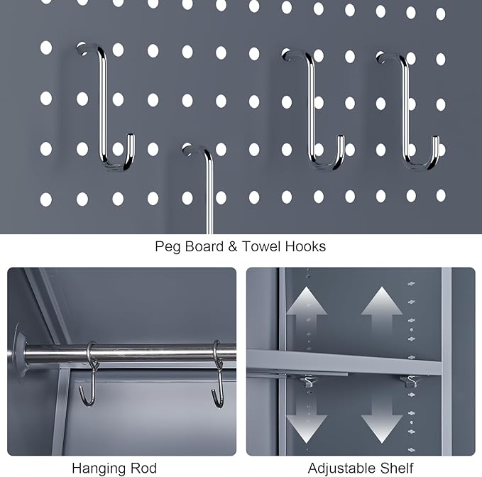 GREATMEET Broom Closet, Broom Closet Cabinet with Pegboard and Hanging Rod, Cleaning Supplies Storage Cabinet for Bathroom, Garage