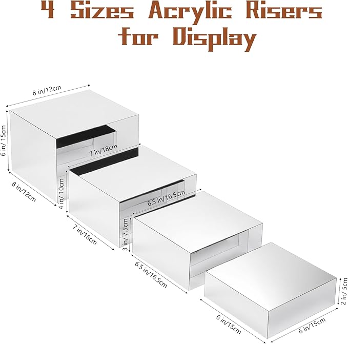 Silver Display Stands, 4 Pack Acrylic Risers Display Stand-2" 3" 4" 6", Handmade Mirror Box Display, Buffet Risers, Food Stands, Purse Jewelry Figures Product Display Riser for Retail Vendor