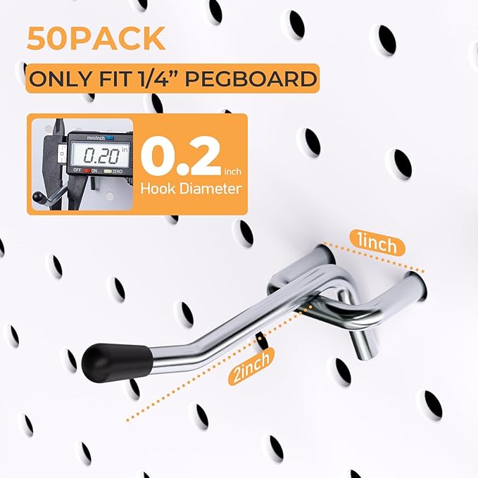 INCLY 50 Pack 2 Inch Pegboard Hooks, 1/4" Heavy Duty Peg Board Hooks Accessories with Rubber Tipped, Peg Board Tool Hangers Fit 1/4" Pegboard for Hanging Tools Garage, Craft Room, Kitchen, Store