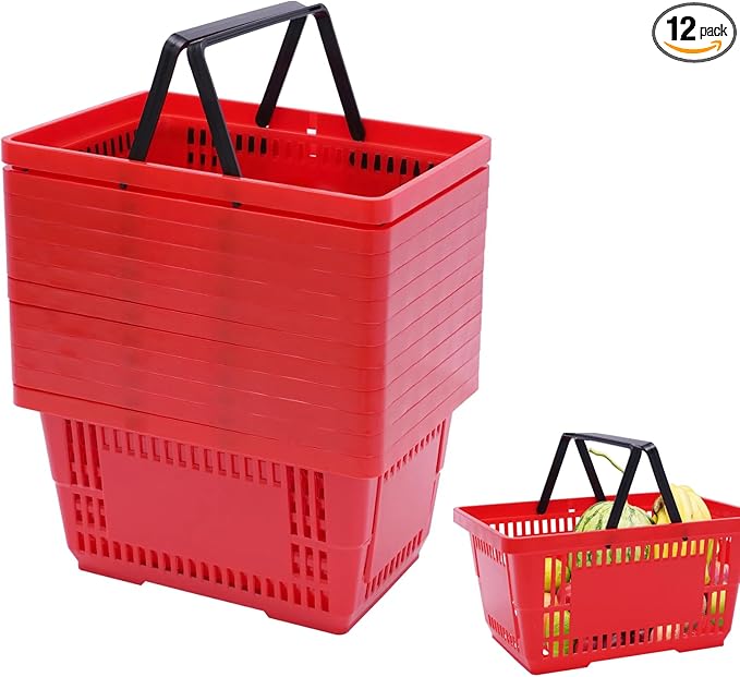 12PCS Shopping Baskets with Handles, Portable Wire Shopping Basket,Open&Stackable Design for Supermarket, Retail, Bookstore (Red)