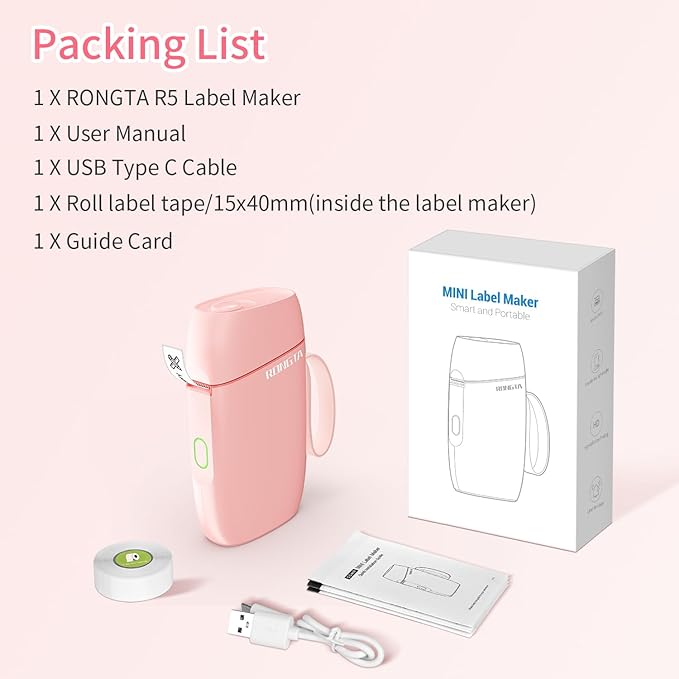 Rongta Label Maker Machine with Tape, Bluetooth Label Printer, Wireless Mini Label Makers with Multiple Templates for Organizing Office Home (Pink)