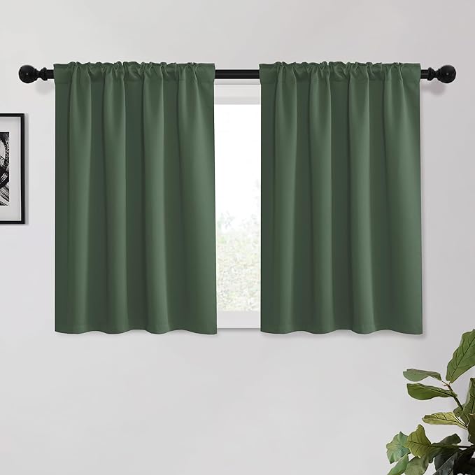 KGORGE Short Curtains 45 inch Length, Privacy Thermal Insulated Curtains Noise Reducing Window Drapes for Bedroom Kitchen, Back Tab Rod Pocket, W52 x L45 inches, Dark Green, 2 Panels