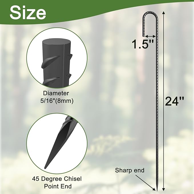 24" Ground Rebar Stakes Heavy Duty J Hook Ground Anchors, 5/16 inch Curved Steel Tent Stakes Anti Rust Steel Ground Stakes for Chain Link Wire Fencing, Pack of 8, Black