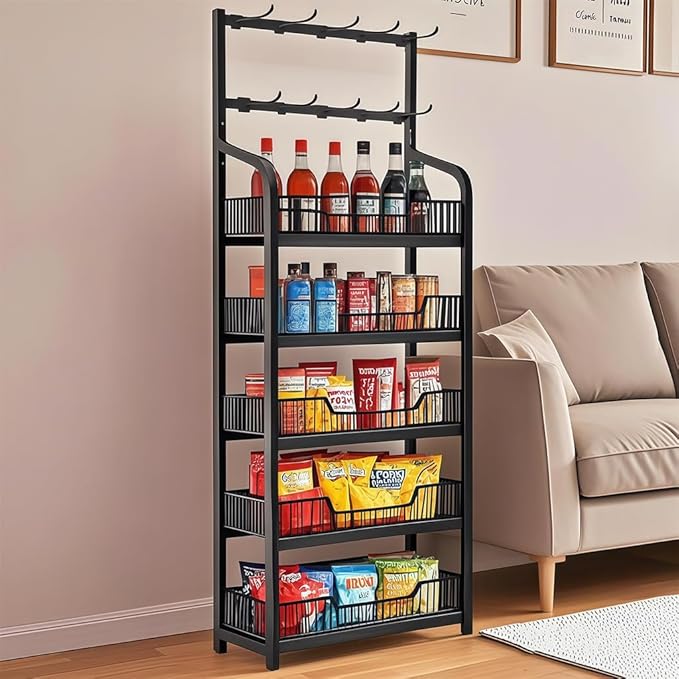 5 Tier Snack Rack Display Stand, Black Chip Rack Display Stand, Candy Display Rack with Hooks, Metal Retail Display Shelves for Store, Kitchen and Office