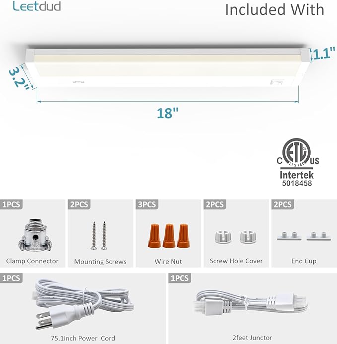 LED Under Cabinet Lighting Hardwired or Plug in, 18 Inch 9W, Dimmable 5 Color 2700K/3000K/3500K/4000K/5000K, Linkable Eyes Care Design Counter Lights for Kitchen, Sink, ETL Listed, White
