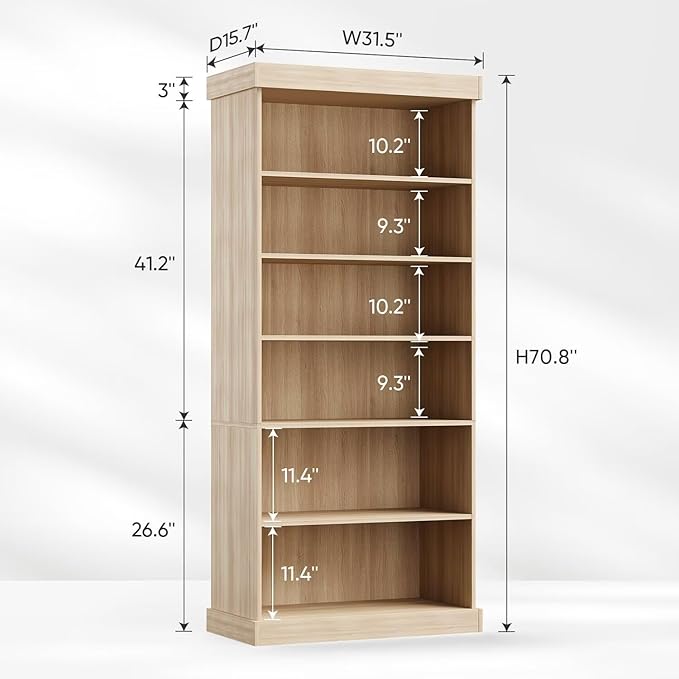 Vyre 70.8" Tall Brown Bookshelf, Farmhouse Modular Bookcase with 6-Tier Adjustable Shelves, Large Storage Cabinet for Home Office, Living Room