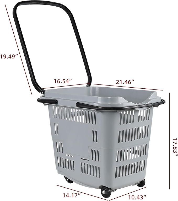 4 PCS 50 L/ 13 Gal Shopping Carts, Gray Plastic Rolling Shopping Baskets with Handles and Wheels, Portable Shopping Basket Set for Retail Store, 50 L