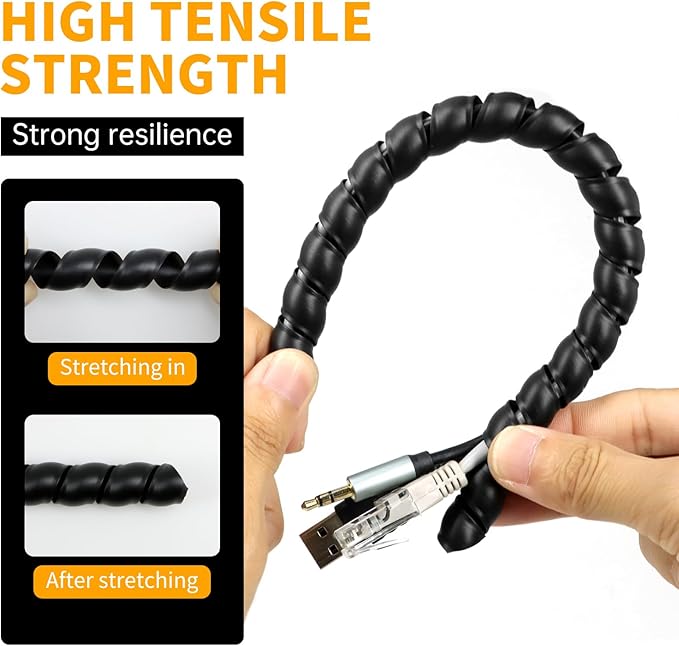Spiral Wire Wrap, 9.84ft, 16.4ft, 33ft Spiral Cable Wrap Sleeve Hose for Computer, Power, Audio & Video Cords Stop Cord Tangle and Detangler (Black, 10mm (3/8")-33ft)