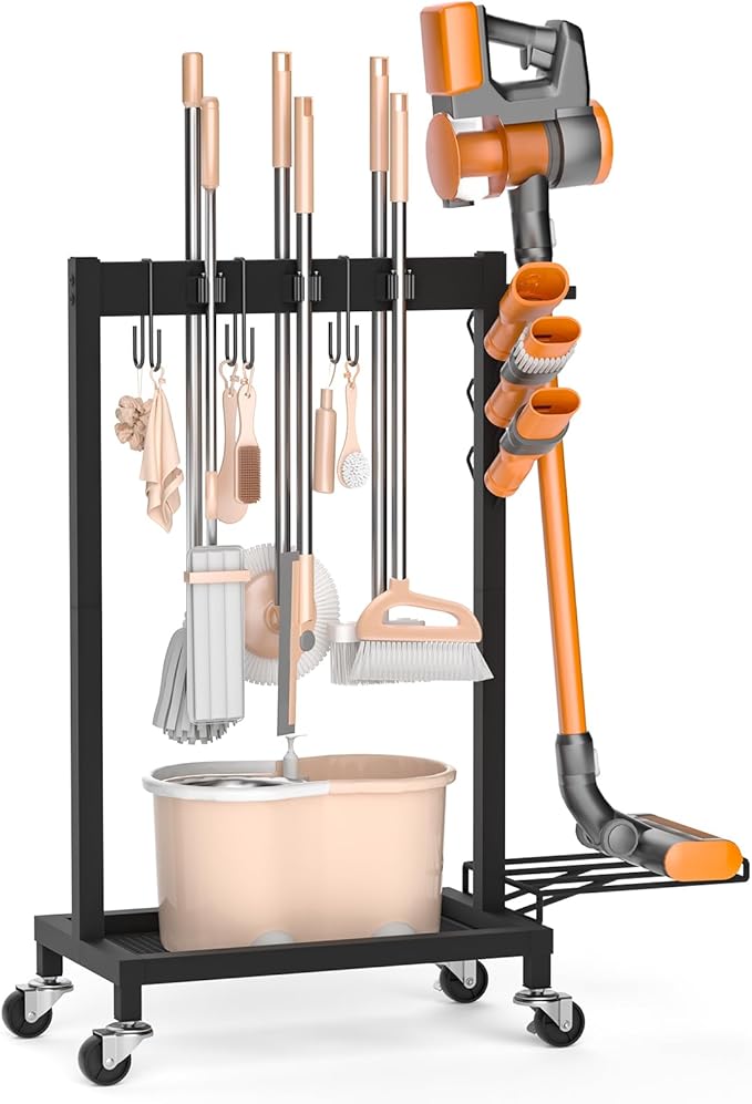 Cleaning Supplies Organizer with Broom Holder Load 150 LBS Cleaning Cart with Wheels Broom Closet Storage with 6 Mop Hanger Grippers, 3 Double-Hooks, Vacuum Stand for Laundry Room Organization, Black