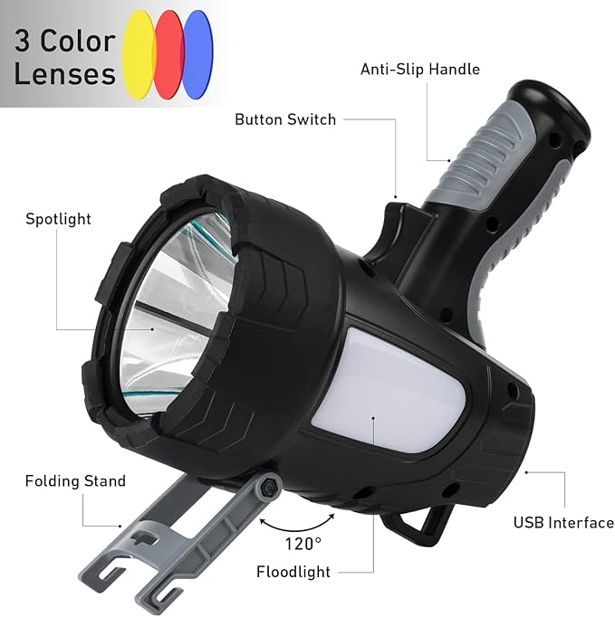 LBE Rechargeable Spotlight Outdoor, 90,000 Lumens Led Spotlight Flashlight with Cob Light and Foldable Tripod, 6 Modes Waterproof Handheld Spot Light for Outdoor Marine Boating Hµnting