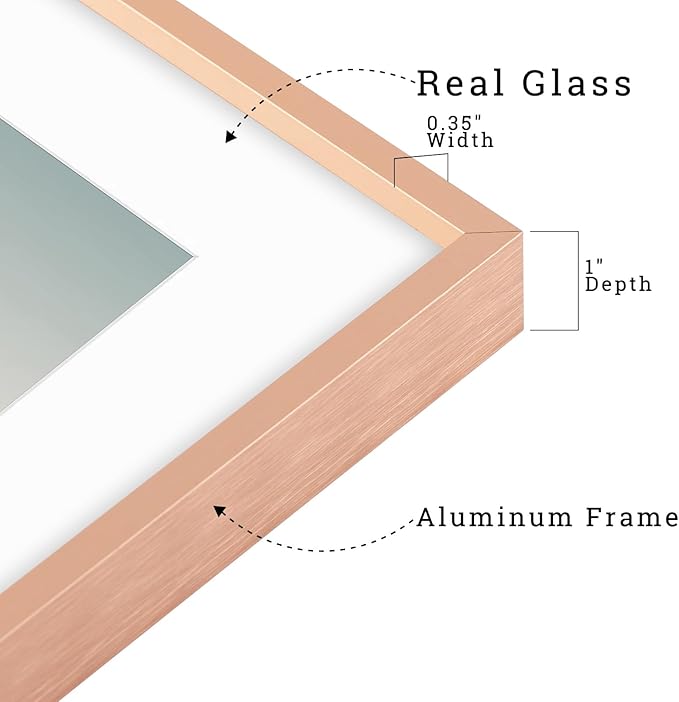 Frametory, 8x10 Metal Picture Frame with Mat for 5x7 Picture & Real Glass, Aluminum Photo Frame Collection (Rose Gold, 2 Pack)