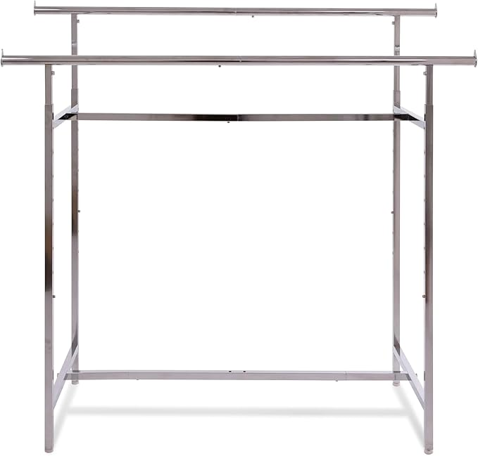 Econoco Double Bar Clothing Rack – Adjustable Garment Display with Rectangular Hangrail, Chrome (Base + Hang Bars)