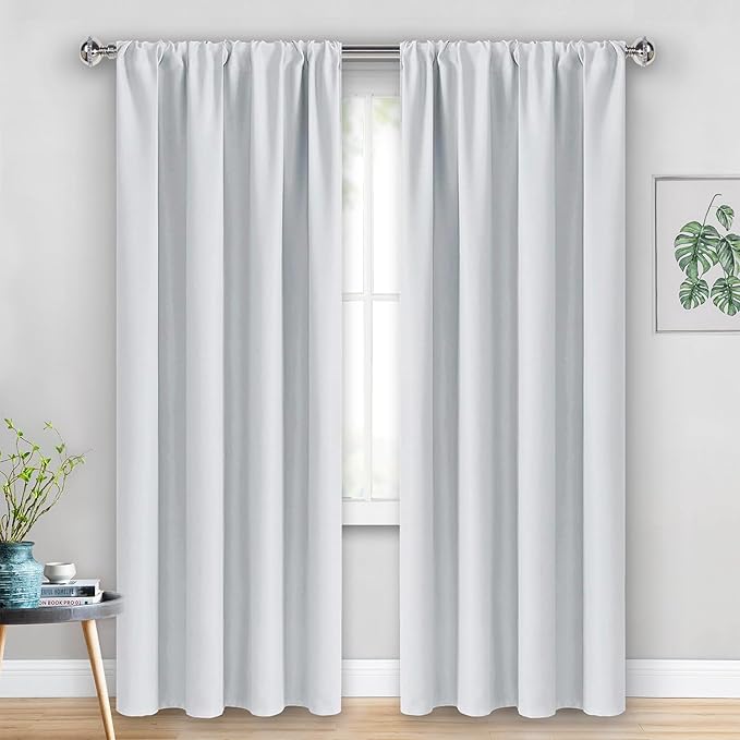 JIUZHEN White Curtains for Bedroom - Thermal Insulated & Energy Saving Room Darkening Rod Pocket Curtains for Living Room, Blackout Drapes with Tiebacks, 42 x 84 Inch, 2 Panels, Greyish White