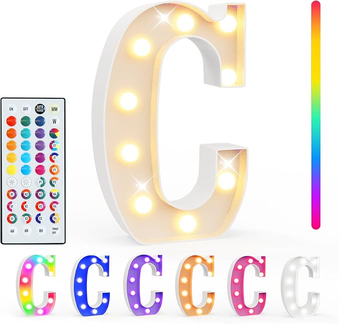 Pooqla Colorful Light Up Letters with Remote, Upgraded 35 Colors LED Marquee Letters, RGB Lighted Letter for Girls Teenager Gift, Birthday, Party, Wedding, Night Light, Room, Bedroom Decor, Letter C