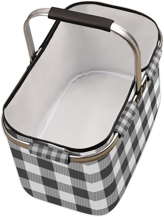 Plaid Collapsible Market Basket, White Black Stripe Leakproof Folding Collapsible Portable Picnic Basket Strong Aluminum Frame for Travel, Shopping, Camping & Lake Trips