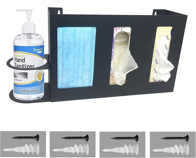 Steel Sanitizing Station Dispenser Stand, Wall Mounted Organizer for Face Masks, Glove Box and Hand Sanitizer or Others in Office, Gym, Schools, Hospital, Laboratory or Other Public Sites