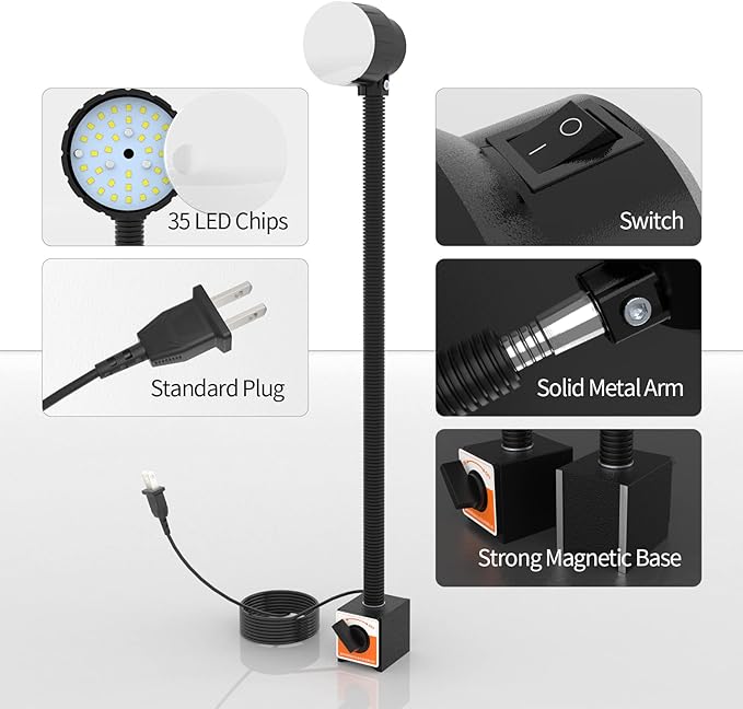 Led Magnetic Work Light 300mm Flexible Gooseneck lamp 500 Lumens 120 Volt for Sewing Machine Lathe Milling Drill Press Industrial Lighting