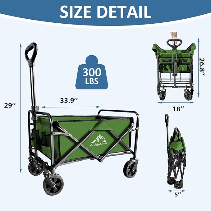 Collapsible Utility Cart Folding Wagon, 220 lbs Capacity Lightweight Rolling Cart with Quiet Wheels, Quick-Fold Design for Camping, Shopping, Ourdoor Use, Green