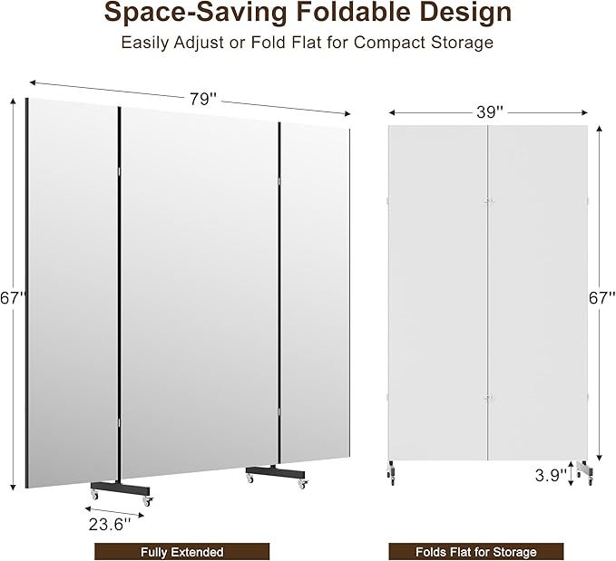 Full Length Stand Up Mirror on Wheels,79''×67'',Large Tri-Fold Floor Mirror with Stand,Movable 3-Way Full Length Standing Mirror for Gym, Dance Studio, Fitness Room, and Home (Black)