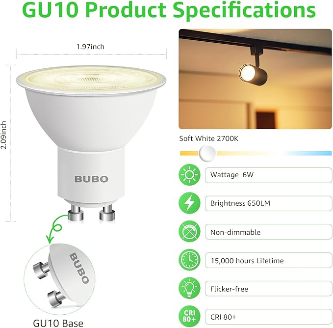BUBO GU10 LED Bulb 6W Equivalent 50W, 2700K Soft White 650 Lumens, Non-Dimmable GU10 Bulb Replacement for Track Lighting, MR16 LED Bulb for Kitchen, Range Hood, Living Room, Bedroom, 6 Pack