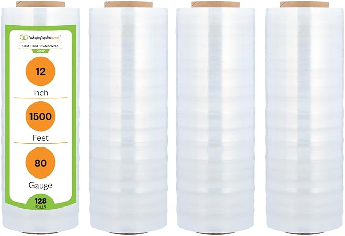 PSBM 128 Rolls 12 Inch x 1500 Feet 80 Gauge Stretch Film/Wrap, Heavy Duty Industrial Strength Clear Shrink Plastic Wrap for Moving, Packing, Shipping, Pallet Wrapping & Storage