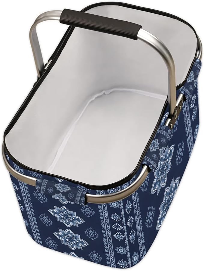Collapsible Picnic Basket with Handle, Shopping Basket Aluminum Frame, Grocery Basket Tote for Women, Farmers Market Baskets, Harvest Baskets Travel Portable Beach Bag (Tribal-Floral Vintage Blue)