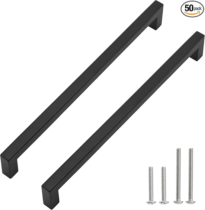 Cabinet Pulls Matte Black Cabinet Handles Square Drawer Pulls, 50 Pack 11-1/3 Inch Stainless Steel Kitchen Door Cupboard Cabinet Handles, Drawer Hardware Handles, 288mm Hole Centers