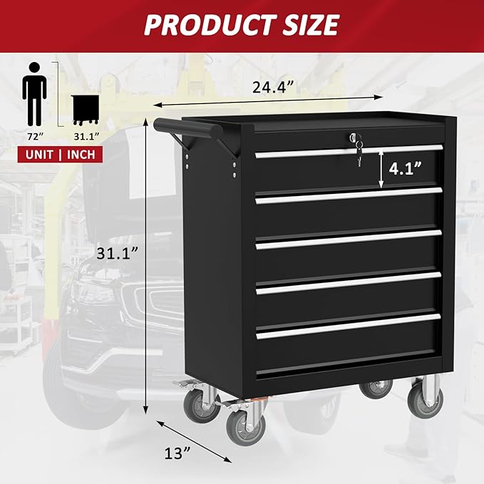5-Drawers Rolling Tool Chest, Tool Chest with Wheels and Drawers, Rolling Box with Locking System, Tool Box with Wheels for Garage, Warehouse, Workshop (Black, 5 Drawers)