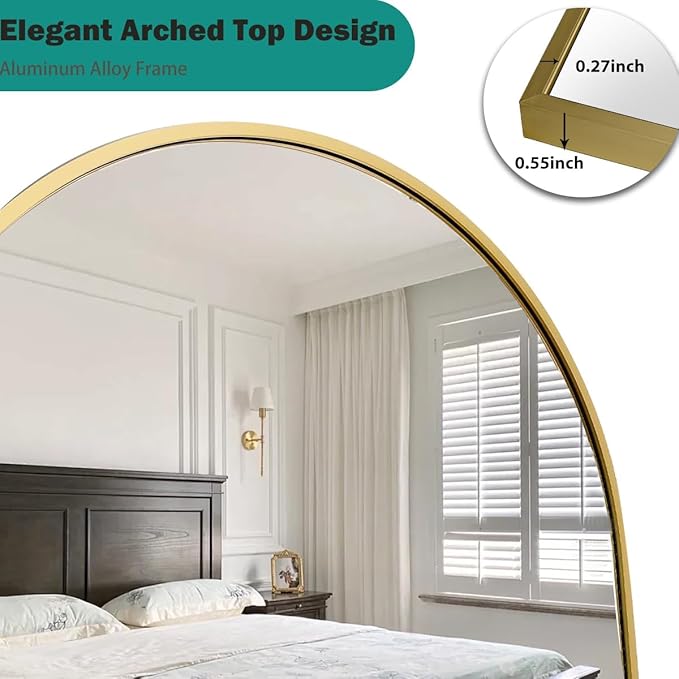 TinyTimes Arched Full Length Mirror, 58"x18" Floor Mirror with Stand, Large Full Body Mirrors, Arch Wall Mirror, Big Full Size Mirrors for Bedroom, Aluminum Frame, Gold