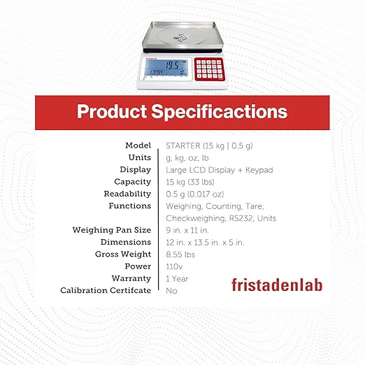 Fristaden Lab Counting Scale | 30 kg x 0.5 g | Industrial Counting Scale for Small Parts | USA Company | Units: g, lbs, oz, kg