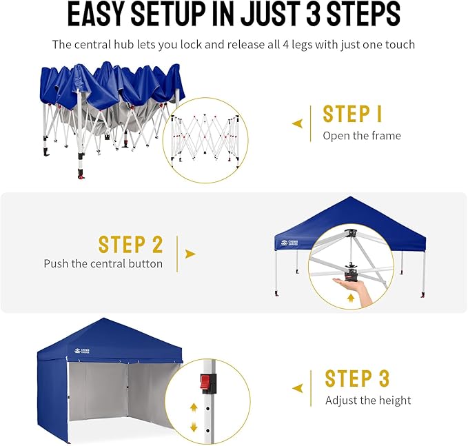 CROWN SHADES 10X10 Comercial Instant Canopy Pop Up Tent with Center Lock, 300D Fabric, 4 Sidewalls, Sto'N Go Bag, Navy Blue