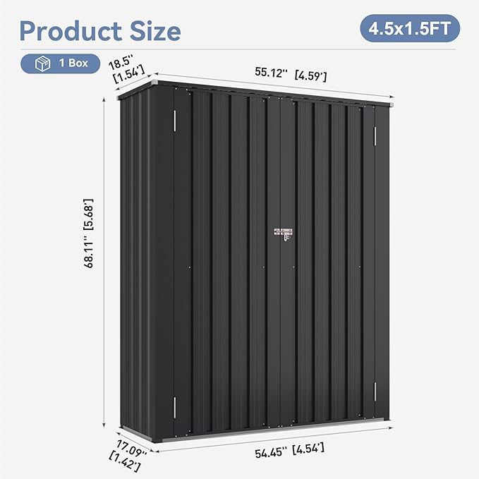 Outdoor Storage Cabinet Outdoor Metal Shed with 2 Adjustable Shelves 3 Layer Indoor& Outdoor Waterproof Vertical Storage Shed for Patio Garden, Garage, Porch (Black, 4.5'x1.4')