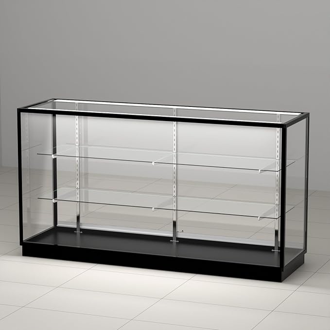 70”D * 20”W * 38”H - Freestanding Retail LED Full Vision Glass Display Case, Black Aluminum Frame, Two Adjustable Height Tempered Glass Shelves