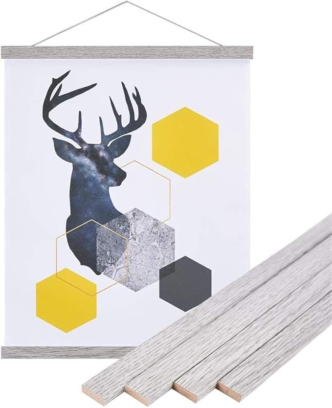 Magnetic Poster Hanger, 17x24 17x11 17x22 Poster Frame Wood Wooden Magnet Print Posters Dowel Scroll Hanger Hangers Hanging Kit for Walls Map Canvas Artwork (Grey, 17")