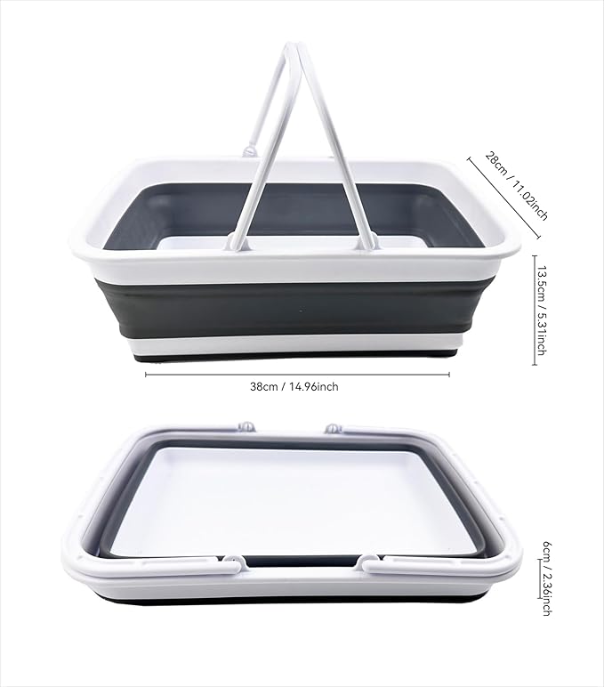 SAMMART Collapsible Basket with Handle 8L (2.1 Gallon) - Portable Outdoor Picnic Basket/Crate - Foldable Basin for Washing Dishes,Camping,Hiking (White/Steel Grey (Set of 2))