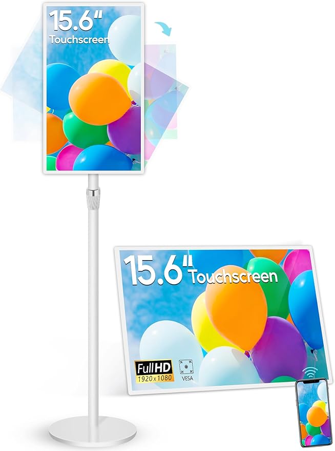 15.6" Digital Signage with 10000mAh Battery, Capacitive Touchscreen Advertising Display, Adjustable Stand, Android 11 Commercial LCD Monitor with Auto Play, Wireless Screen Mirroring, 4+64GB, White