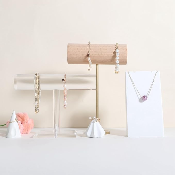 GemeShou Wood Bracelet Display Holder, White Jewelry watch organizer for selling, Retail Bangle Rack T Bar Stand Photo props【Beech Brass Bracelet Holder-High】