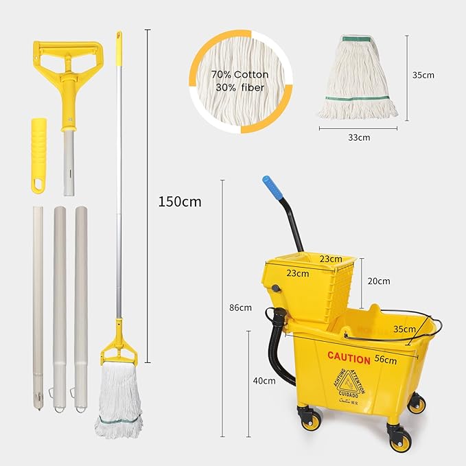 35Qt Commercial Mop Bucket with Side Wringer,Including 1* Commercial Loop-end Mop and 1* Mop Head Replacement