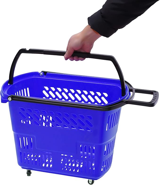 6PCS Shopping Carts,35L Shopping Basket with Wheels and Handle,Portable Plastic Rolling Sho-pping Basket for Retail Store (Blue)