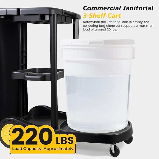 ALANNG Cleaning Cart for Housekeeping & Commercial Use, Janitorial Service Cart with 15 Disposable Trash Bags, Hotel Office School Cleaning Trolley (Black, 1 Pack)