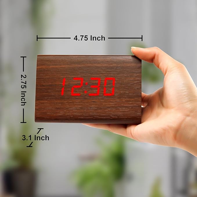 GEARONIC Digital Alarm Clock Wooden Alarm Clock Wood Modern Triangle Alarm Digital Desk Clock, Displays Time Date Temperature Calendar Wood Made Electric Clocks for Bedroom, Bedside - Brown