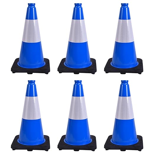 6 Pack 18 Inch Blue Traffic Cones with Reflective Stripes, Black Base Safety Cones for Parking Lots, Sports Events and Property Marking (6, Blue, 18 Inch)