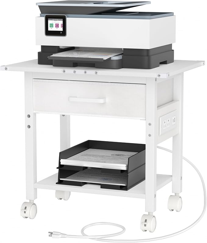 Lerliuo Under Desk Rolling Printer Stand with Charging Station and USB Ports, 2-Tier Printer Table Desk with Fabric Drawer, Printer Cart Holder with Lockable Wheels for Home, Office (White)